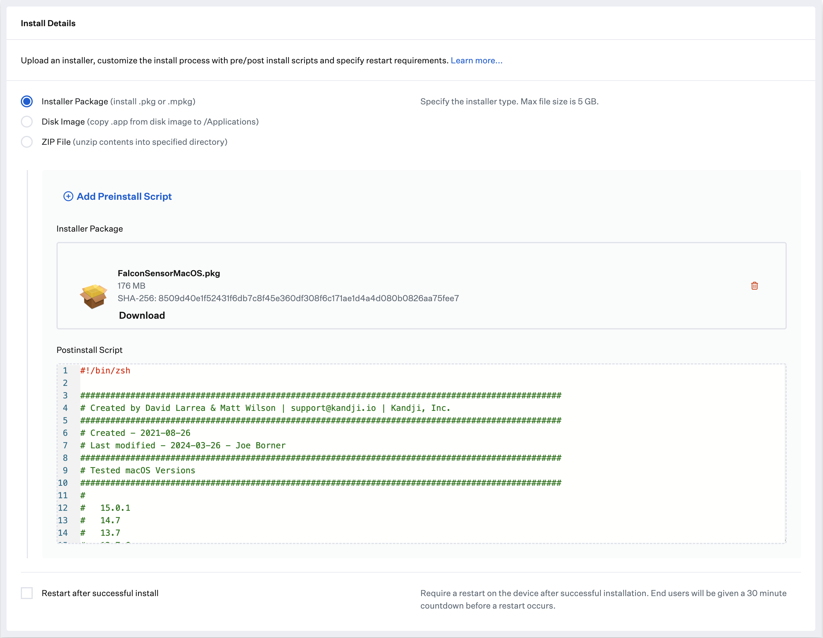 Custom App postinstall script for CrowdStrike FalconSensorMacOS.pkg