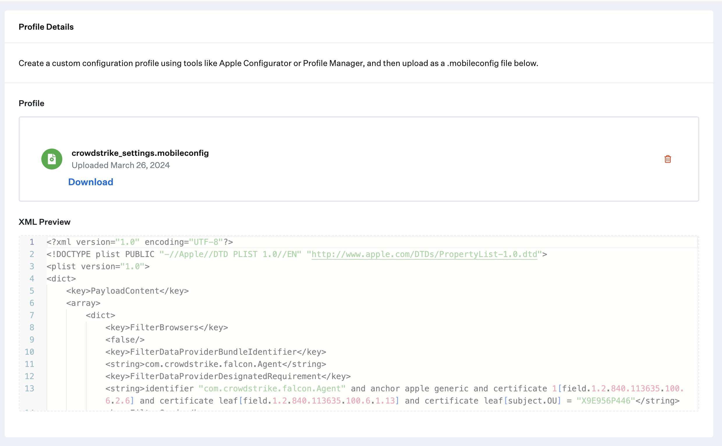 Custom Profile with crowdstrike_settings.mobileconfig uploaded