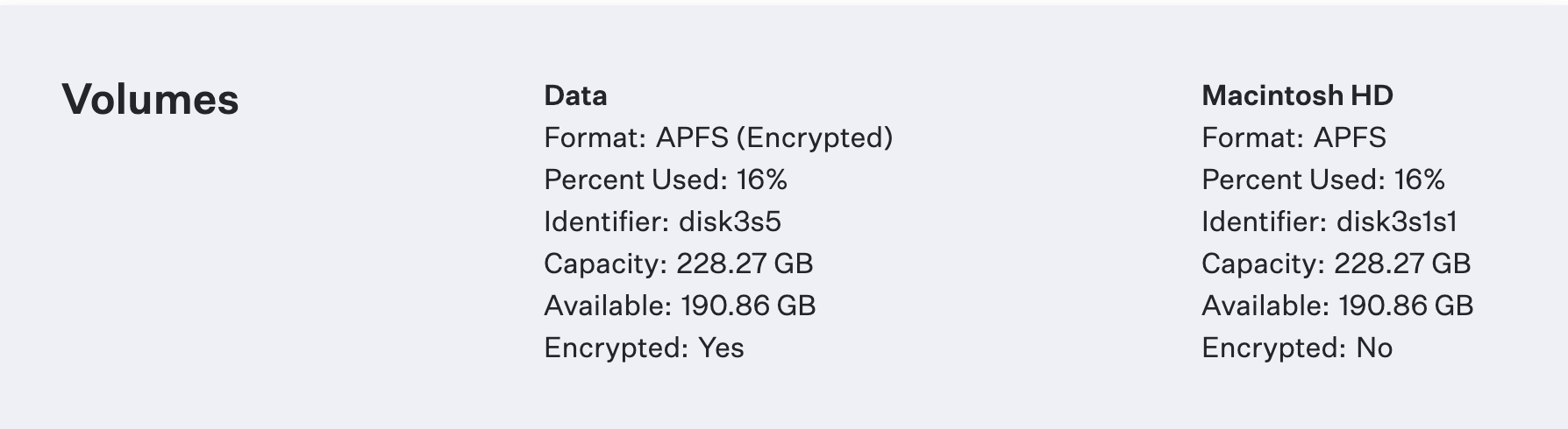Device Details Volumes showing APFS Data volume Encrypted Yes