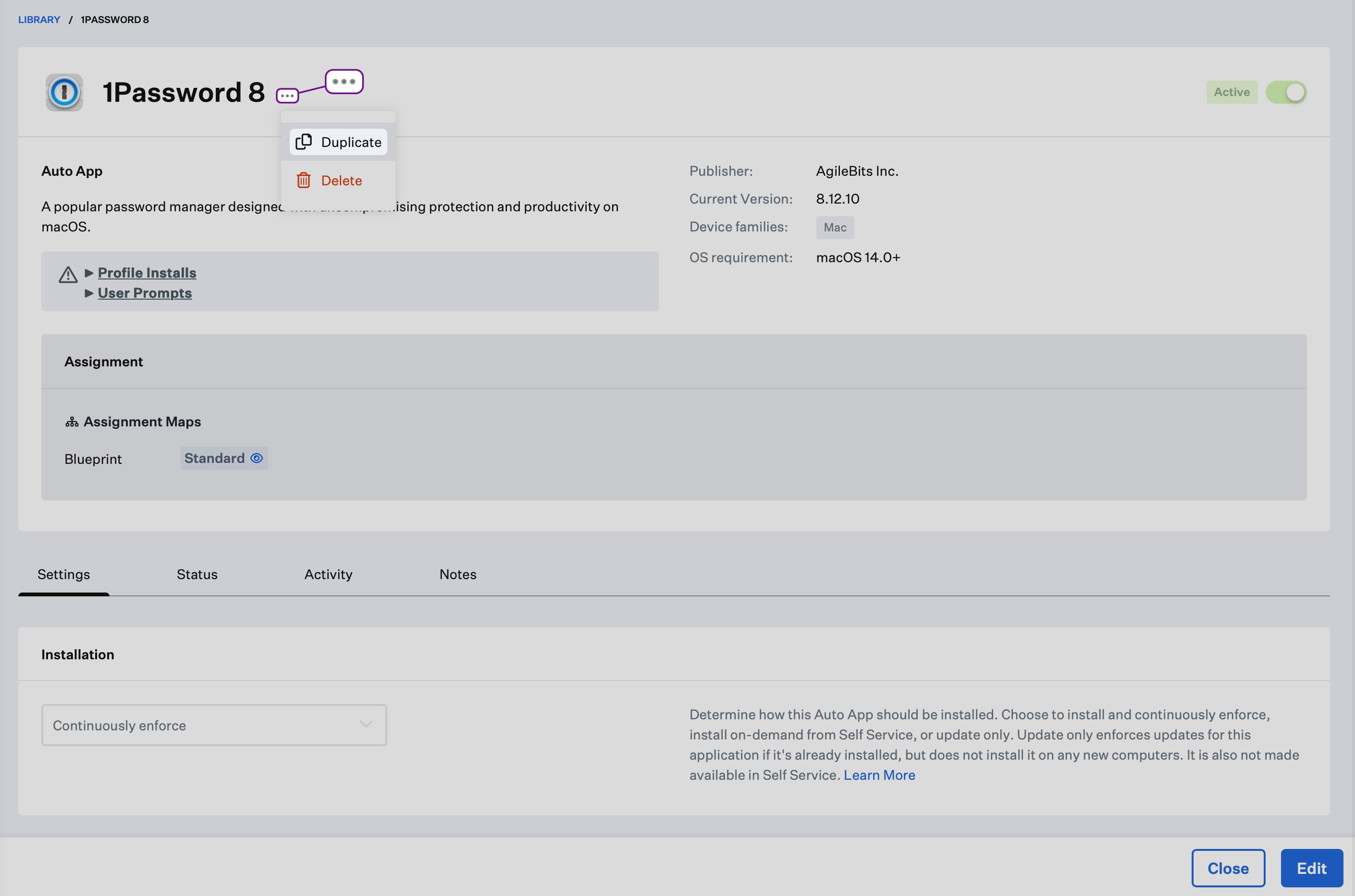Library Item detail view with ellipsis menu open and Duplicate selected