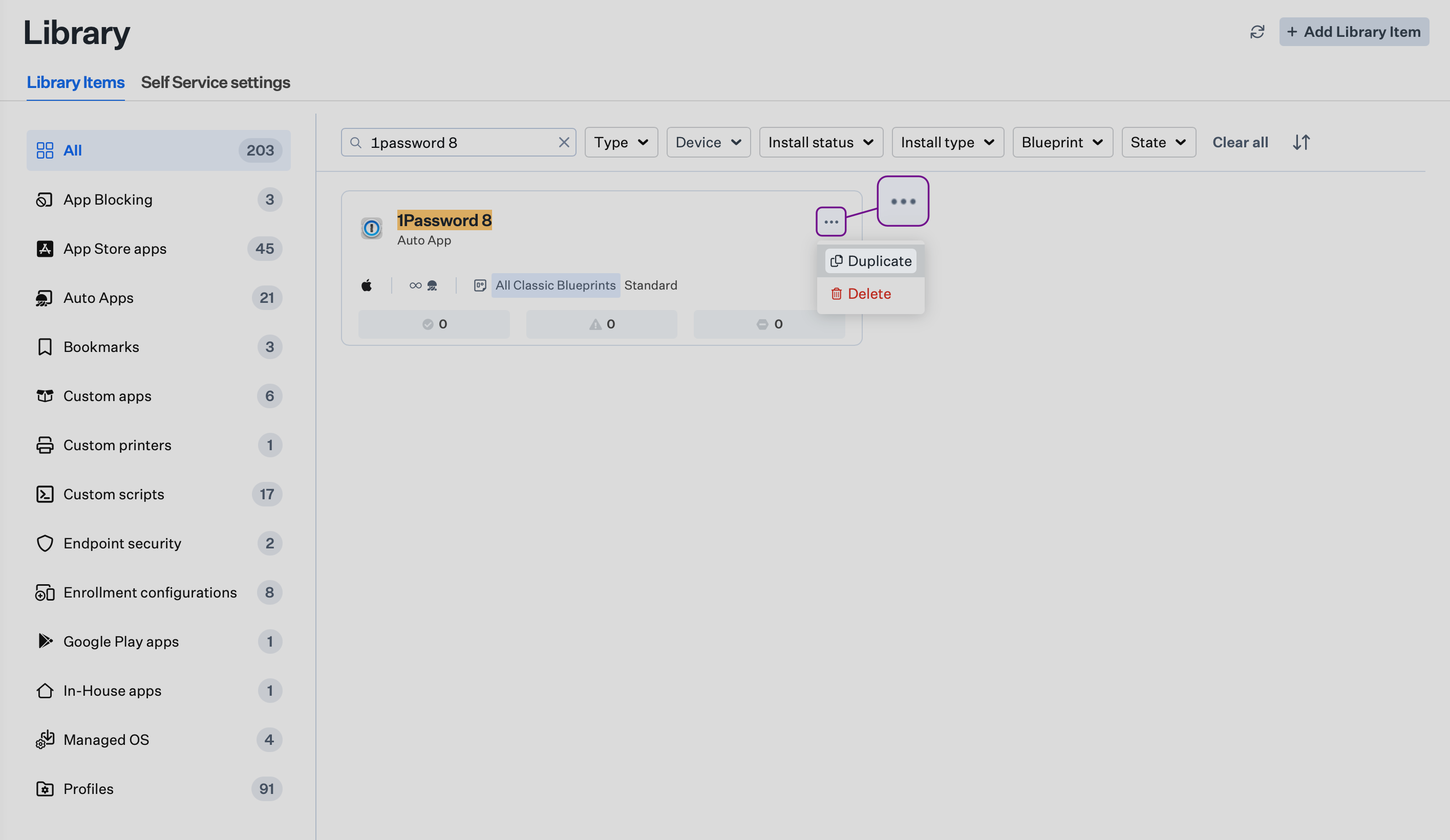 Library list with ellipsis menu open and Duplicate selected for a Library Item