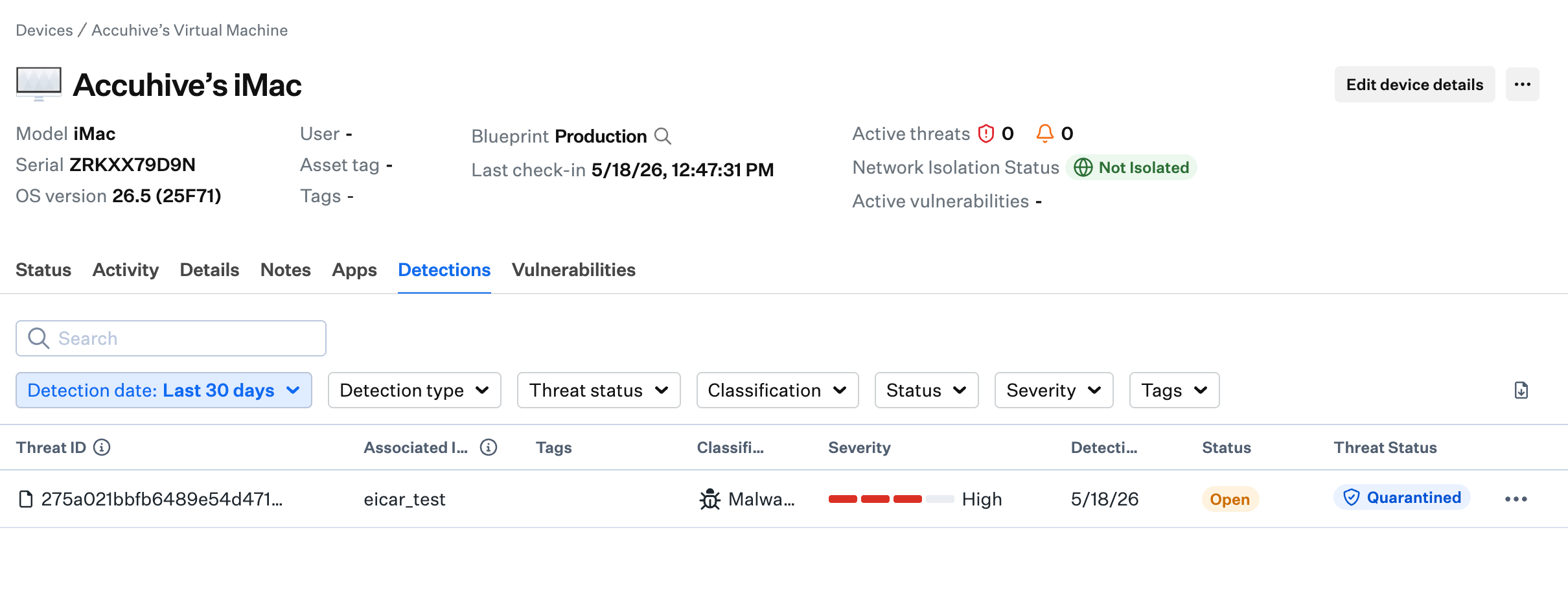 Endpoint Detection and Response EDR device record view