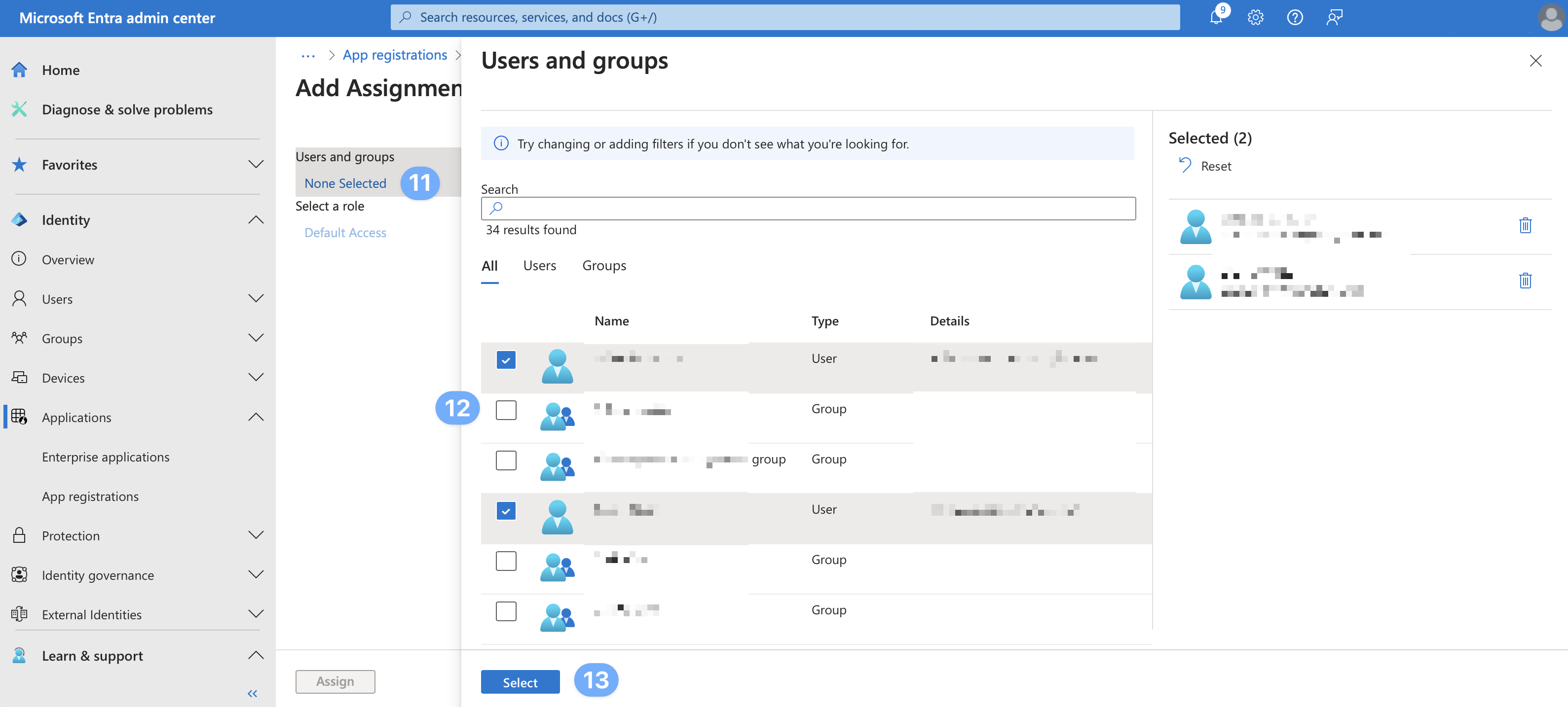 Entra ID Add Assignment Users and groups picker with Select