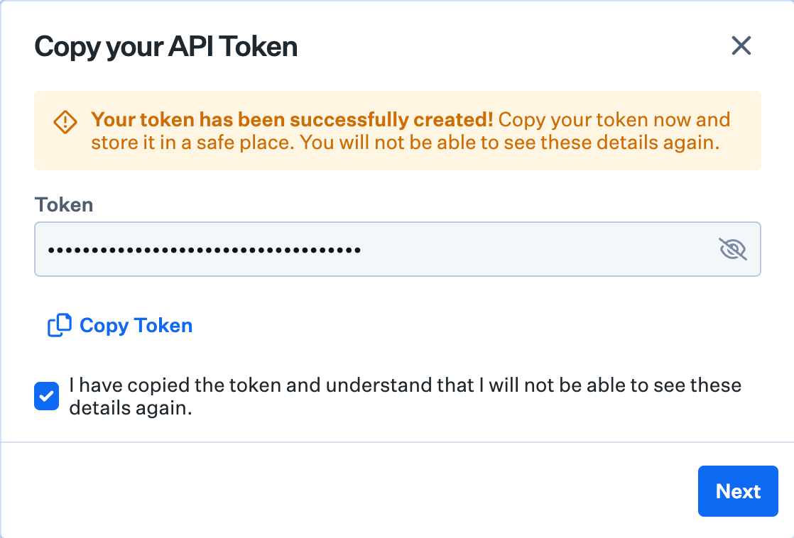 Copy your API token dialog with visibility toggle and Copy Token