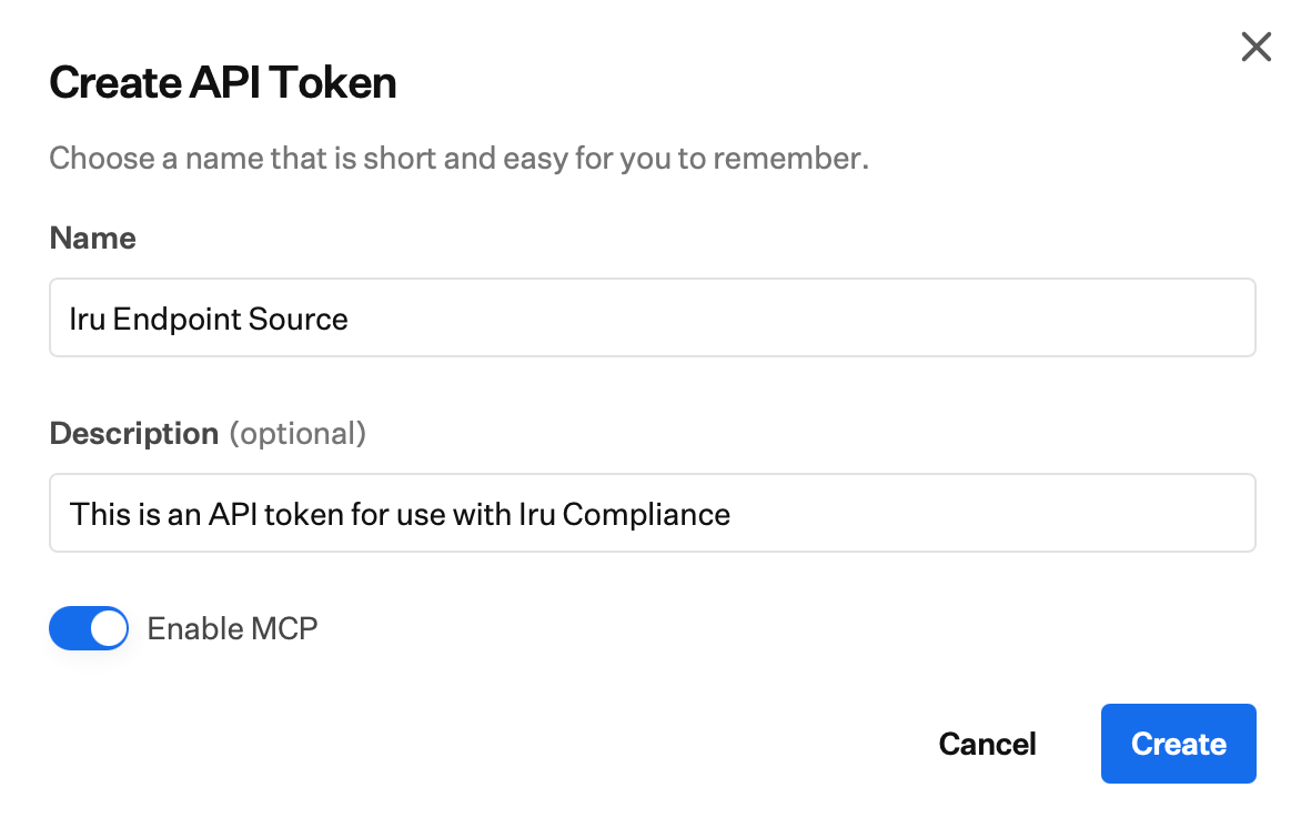 Create API token prompt with Name, Description, and Create