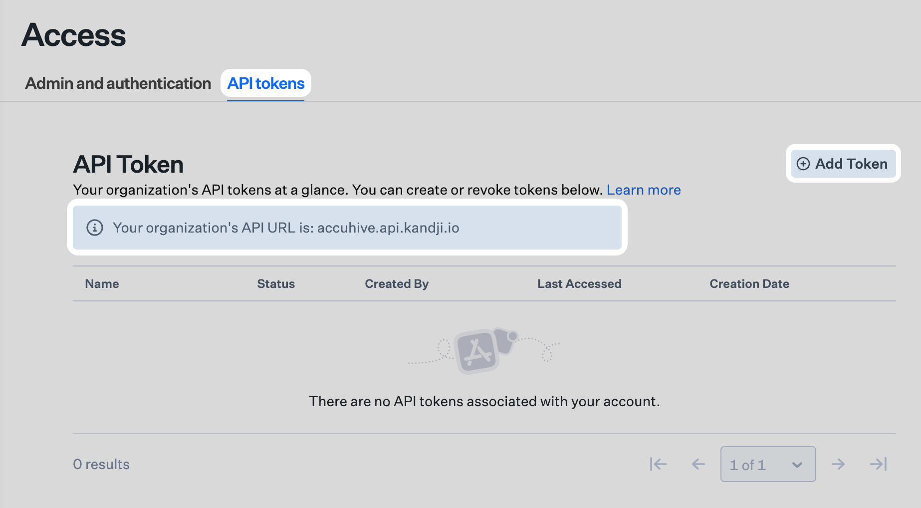 Access API tokens with organization API URL and Add Token