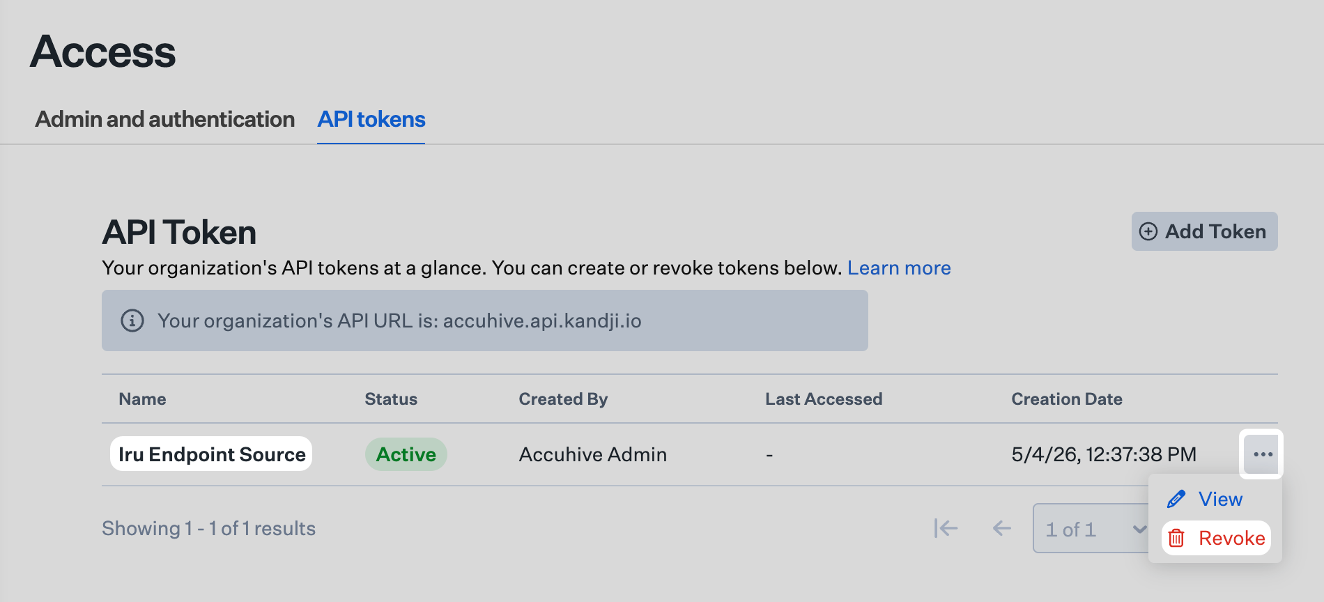 API tokens list with Revoke option for a token