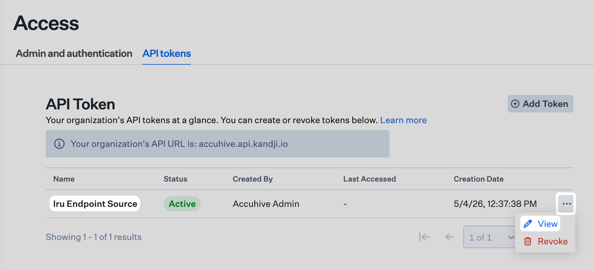 API token detail view after opening a token from the list