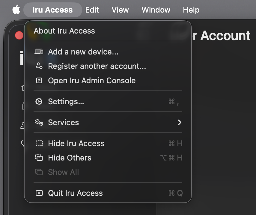 The macOS Iru Access menu bar menu, showing Add a new device, Register another account, Open Iru Admin Console, and Settings.