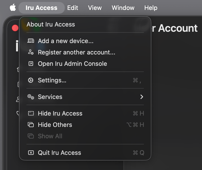 The macOS Iru Access menu bar menu, showing Add a new device, Register another account, Open Iru Admin Console, and Settings.