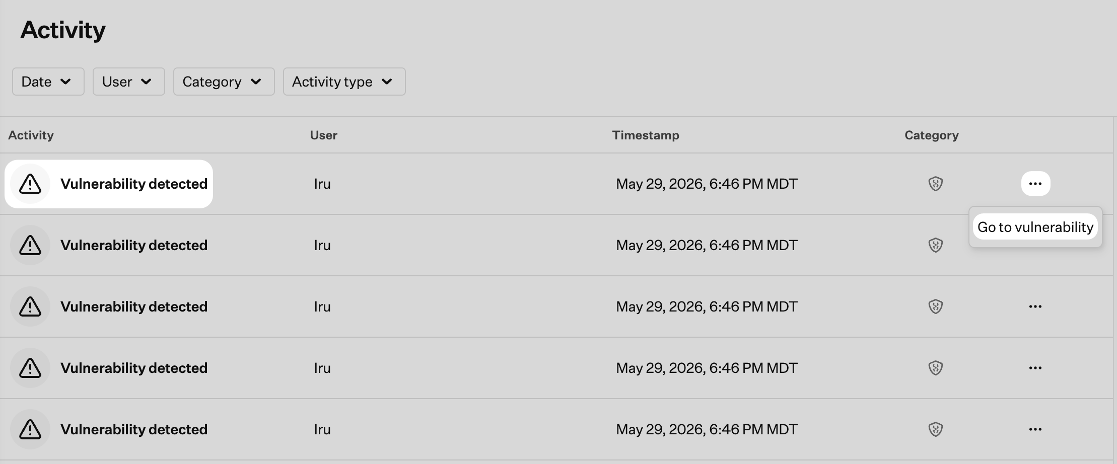 Activity row action menu with option to go to the related vulnerability entry
