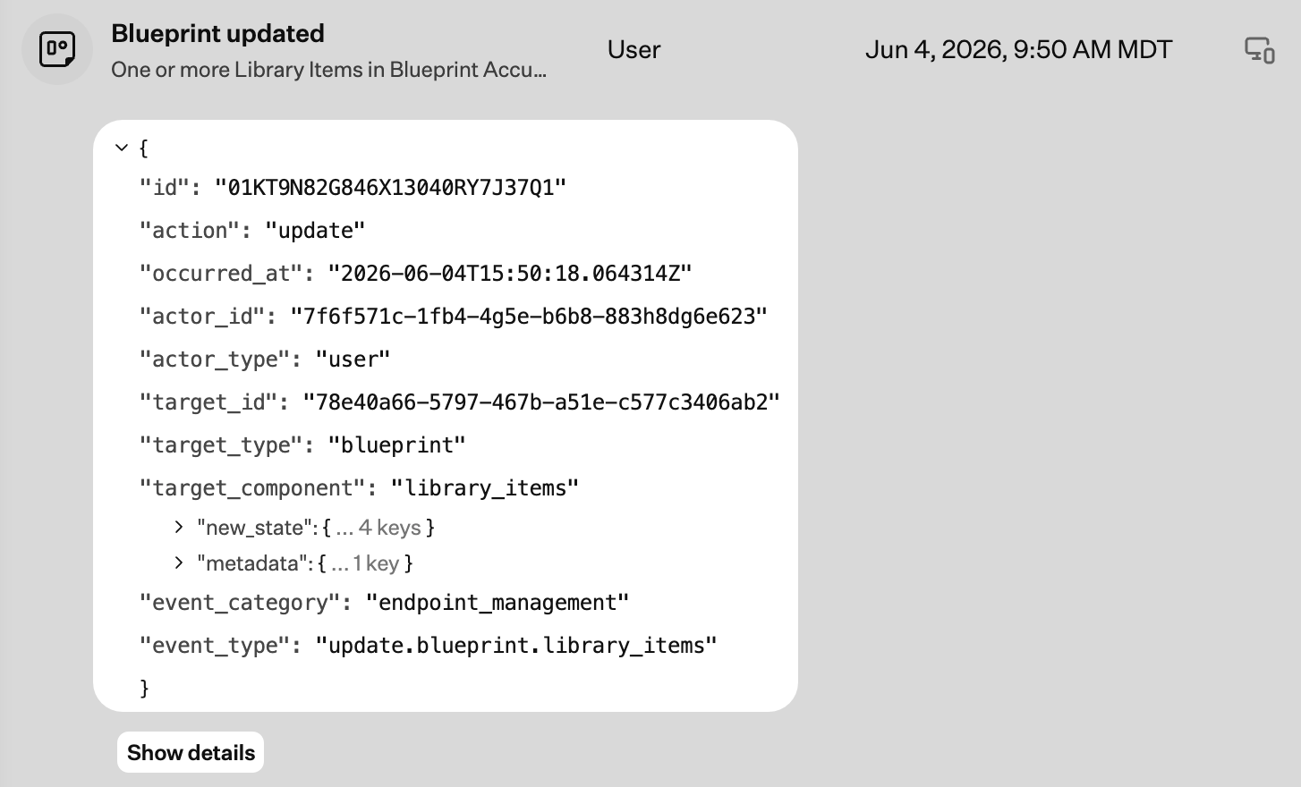 Activity row with JSON payload expanded