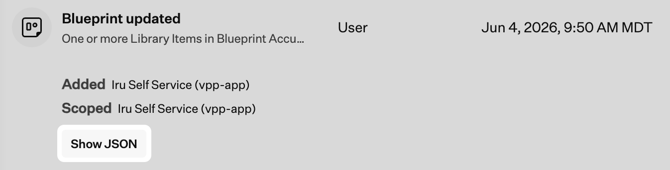Expanded activity row with Show JSON button