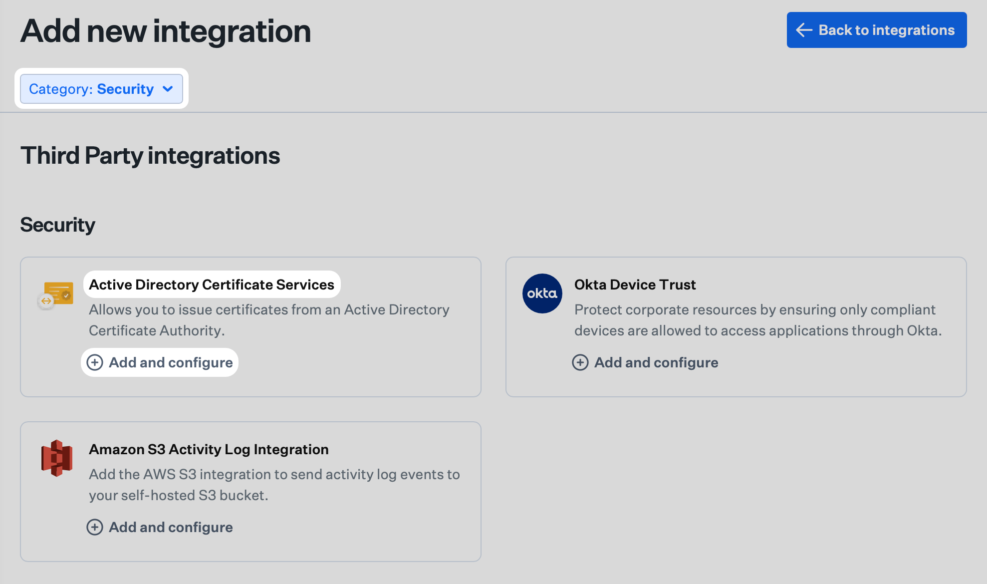 Add new integration page with Active Directory Certificate Services and Add and configure.