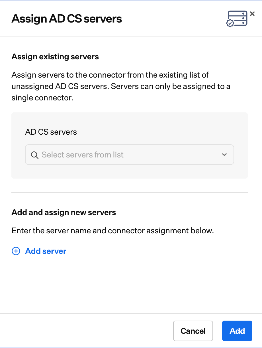 Assign AD CS servers dialog to choose servers from the list and confirm with Add.