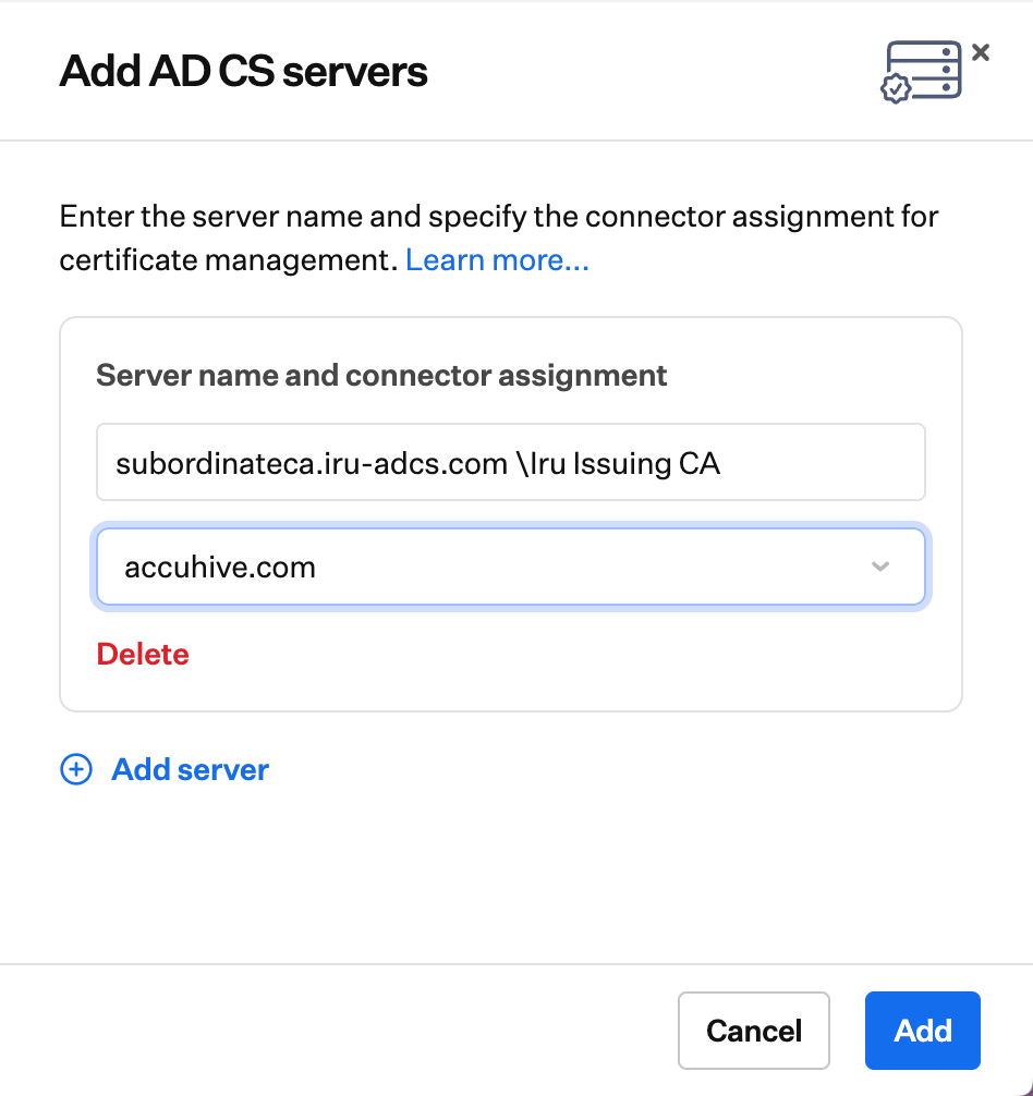 Servers tab tray for adding an AD CS CA server using FQDN and issuing CA name format.