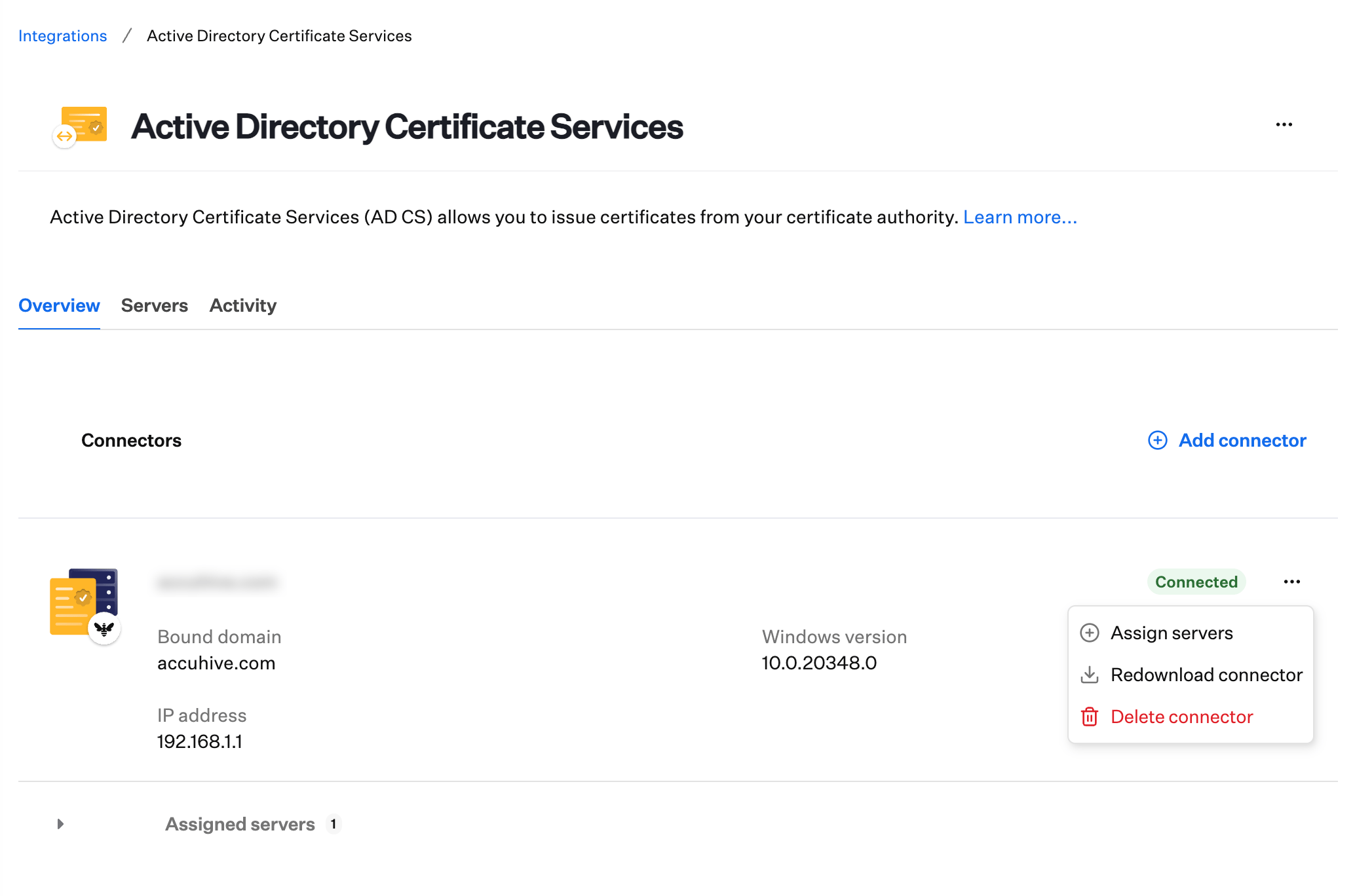 AD CS integration Overview with the connector card and action menu open for install instructions or installer download.
