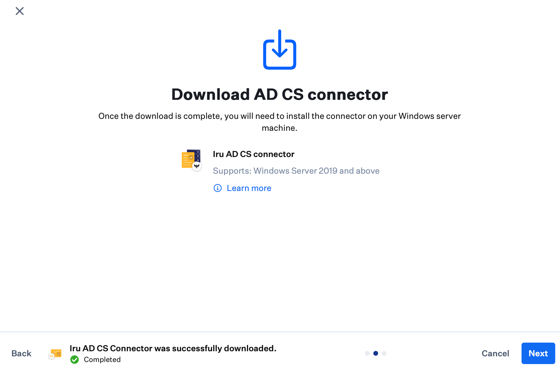 Download complete with Next available to continue the AD CS integration wizard.