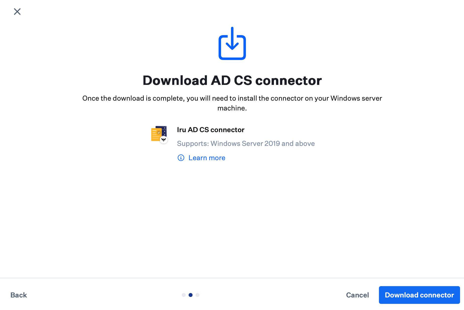 Download window for the Iru Endpoint AD CS Connector installer with Download connector available.