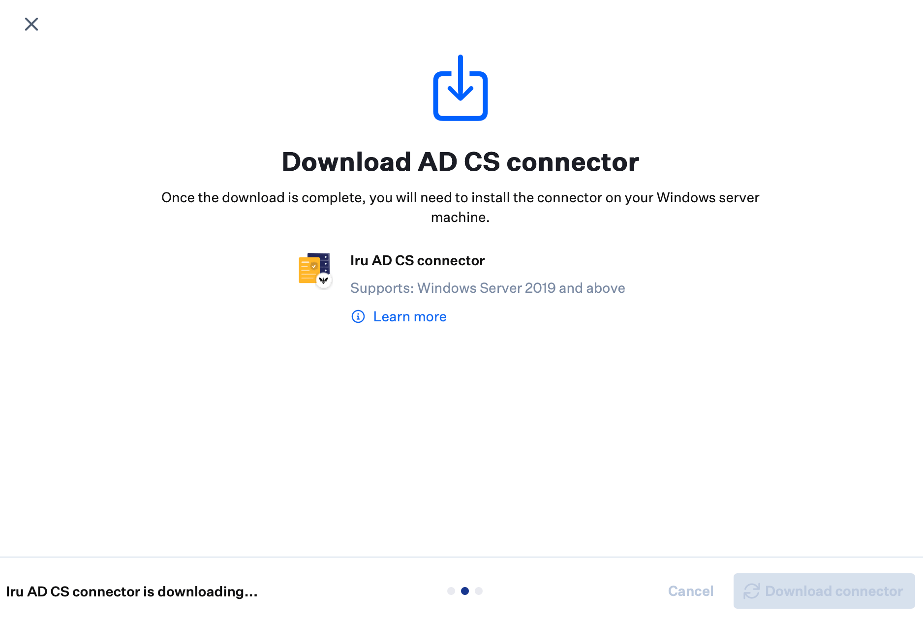 Download progress while the AD CS Connector installer is downloading.