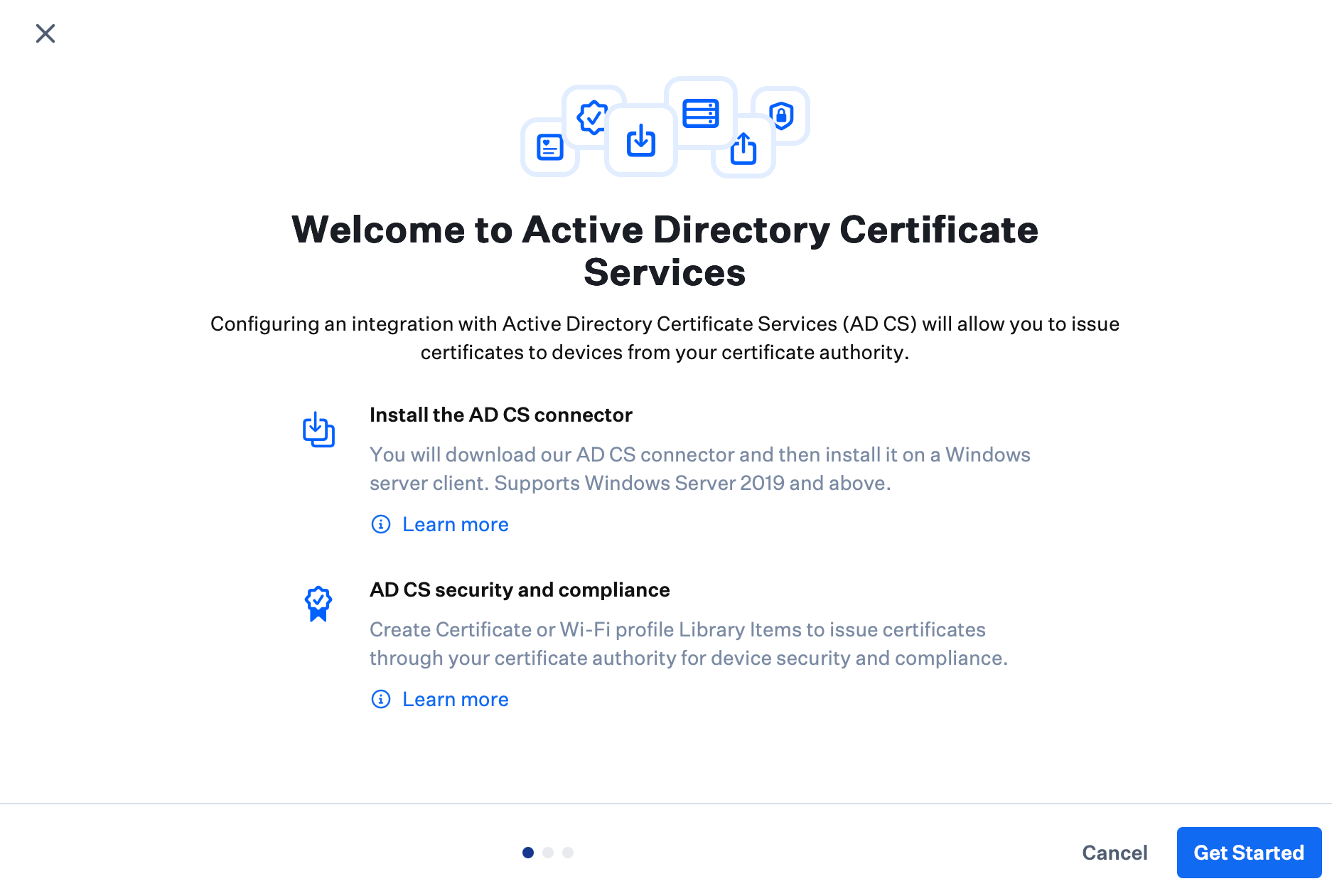 AD CS integration setup screen with Get started highlighted to begin configuration.