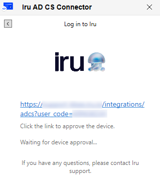Iru AD CS Connector window showing registration URL link and waiting for device approval.