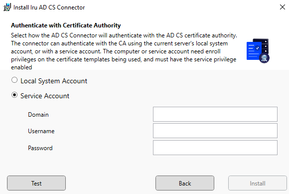 Authenticate with Certificate Authority screen with Service Account selected and domain, username, and password fields.