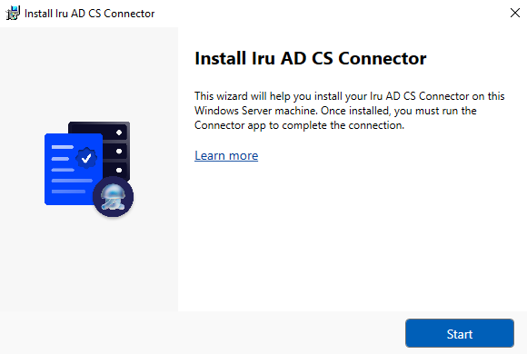 Install Iru AD CS Connector wizard welcome screen with Start to begin setup.