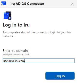 Iru AD CS Connector sign-in window with Enter Iru domain field for the tenant URL.