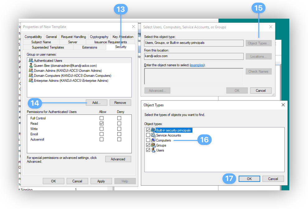 Object Types dialog with Computers selected for choosing the AD CS Connector host principal.