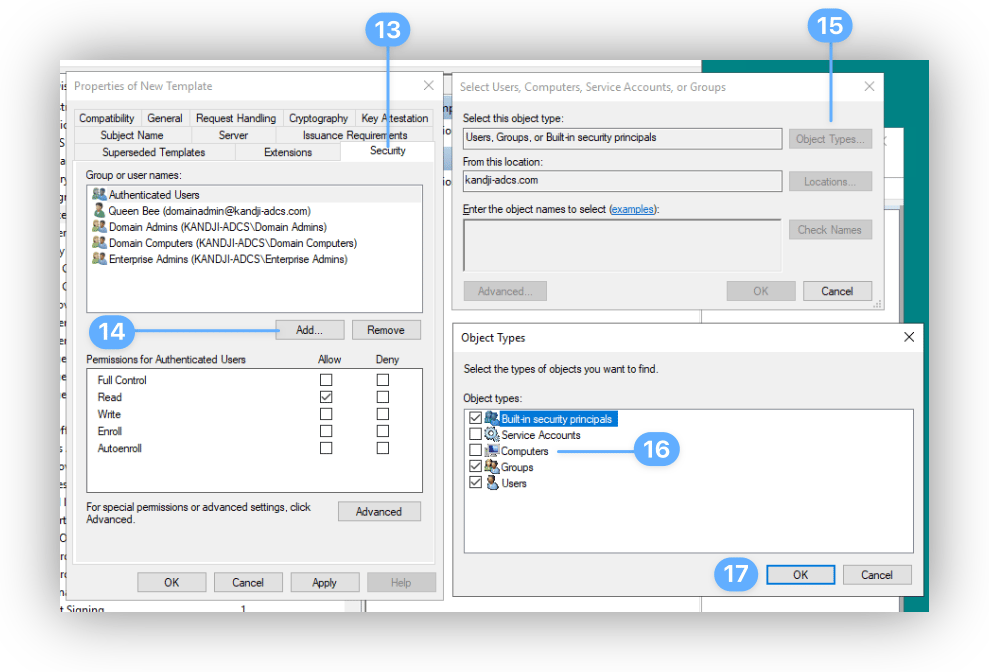 Object Types dialog with Computers selected for choosing the AD CS Connector host principal.