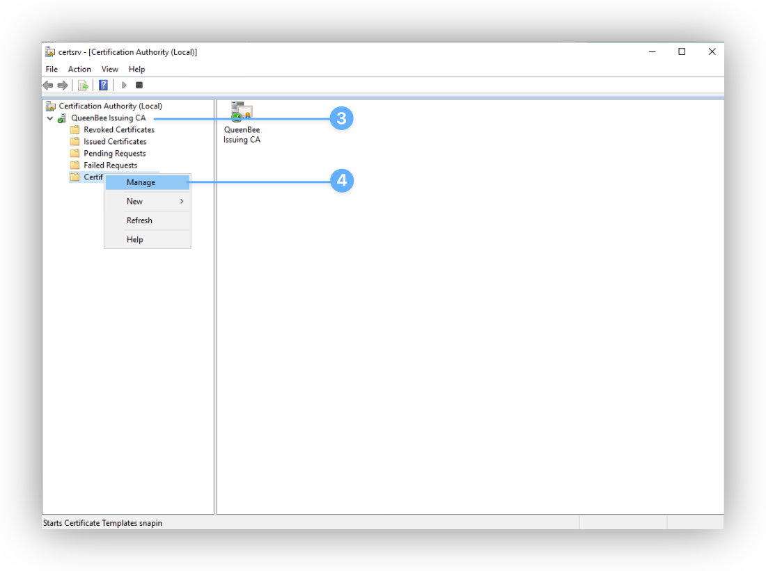 Certificate Authority snap-in with Certificate Templates folder and Manage option to open template management.