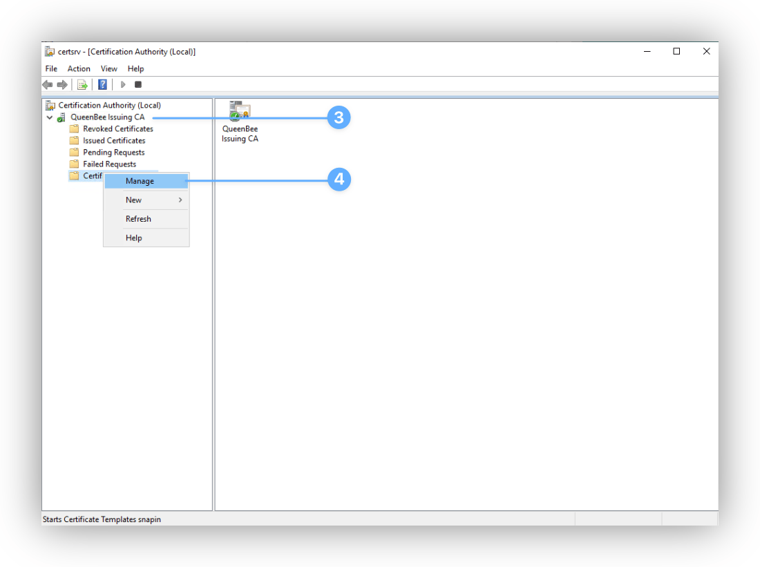 Certificate Authority snap-in with Certificate Templates folder and Manage option to open template management.