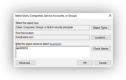 Select Users, Computers, Service Accounts, or Groups dialog with the Connector Windows server name entered for search.