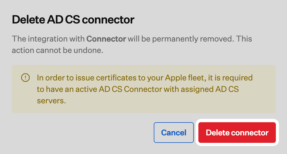 Delete AD CS connector confirmation dialog.