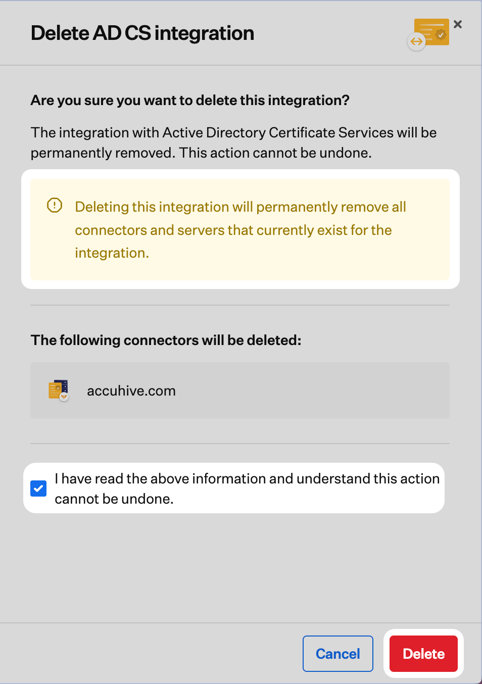 Delete AD CS integration confirmation with checkbox and Delete integration button.