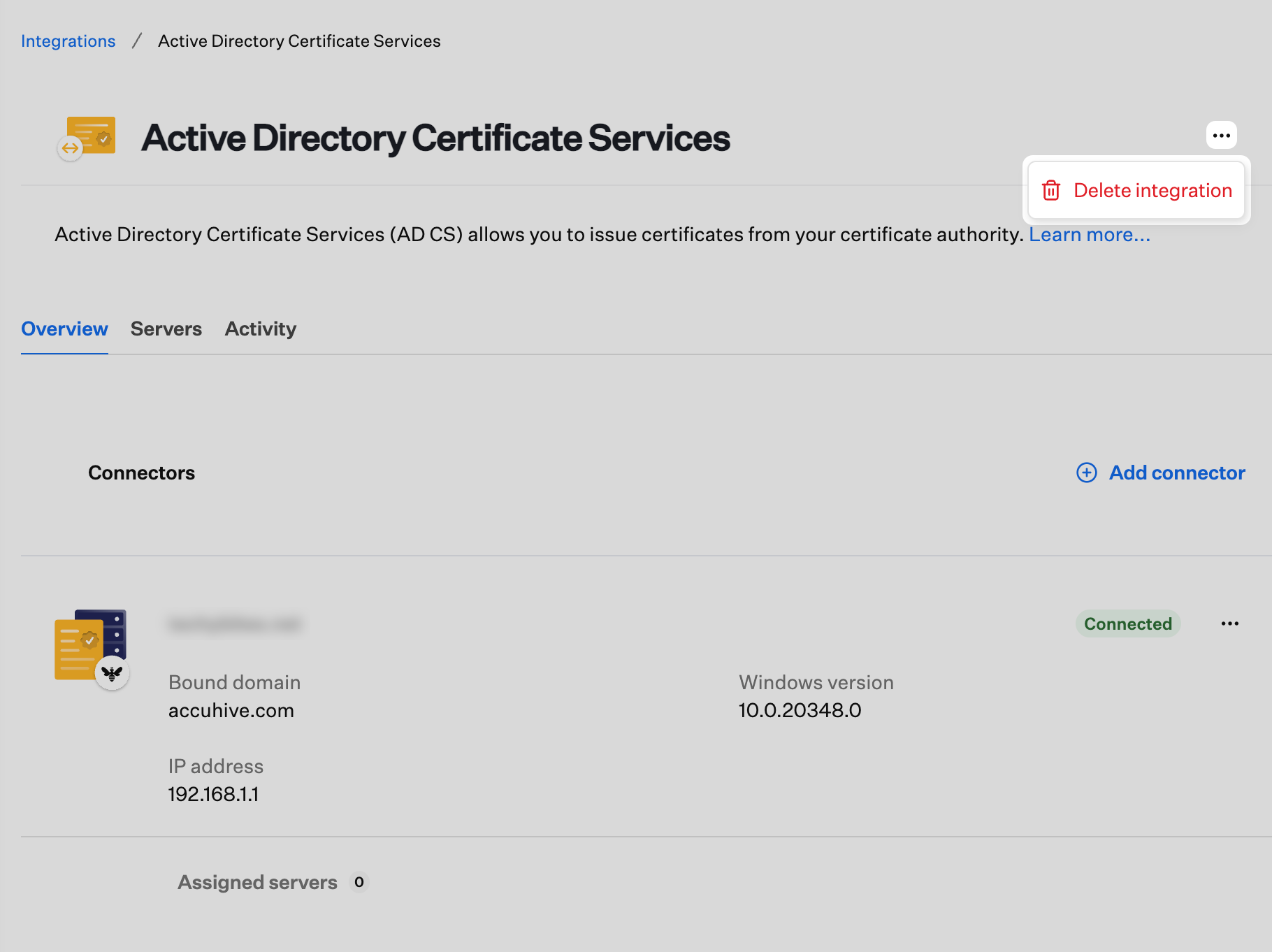 Active Directory Certificate Services page with the action menu showing Delete integration.