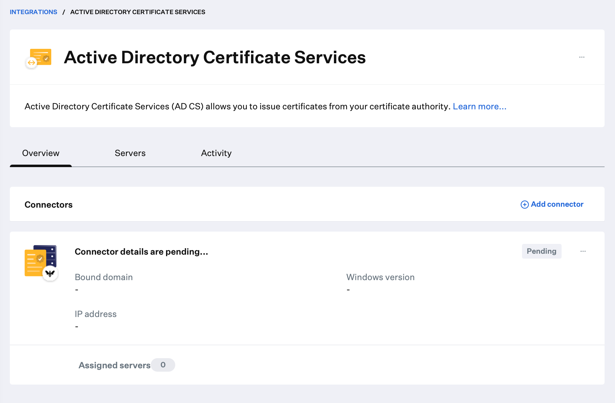Integrations page showing the AD CS integration card with Pending installation status.
