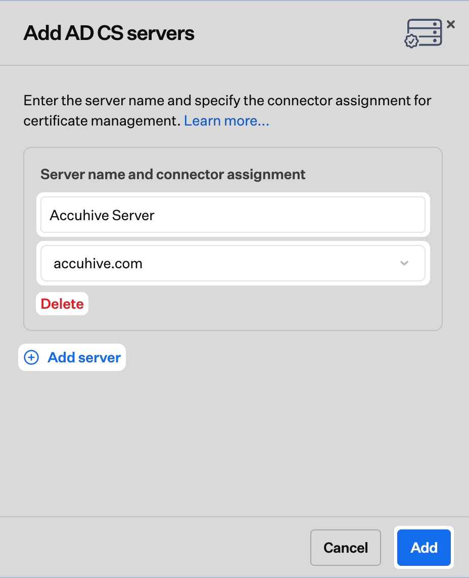 Add AD CS servers pane with server name and connector assignment before saving.