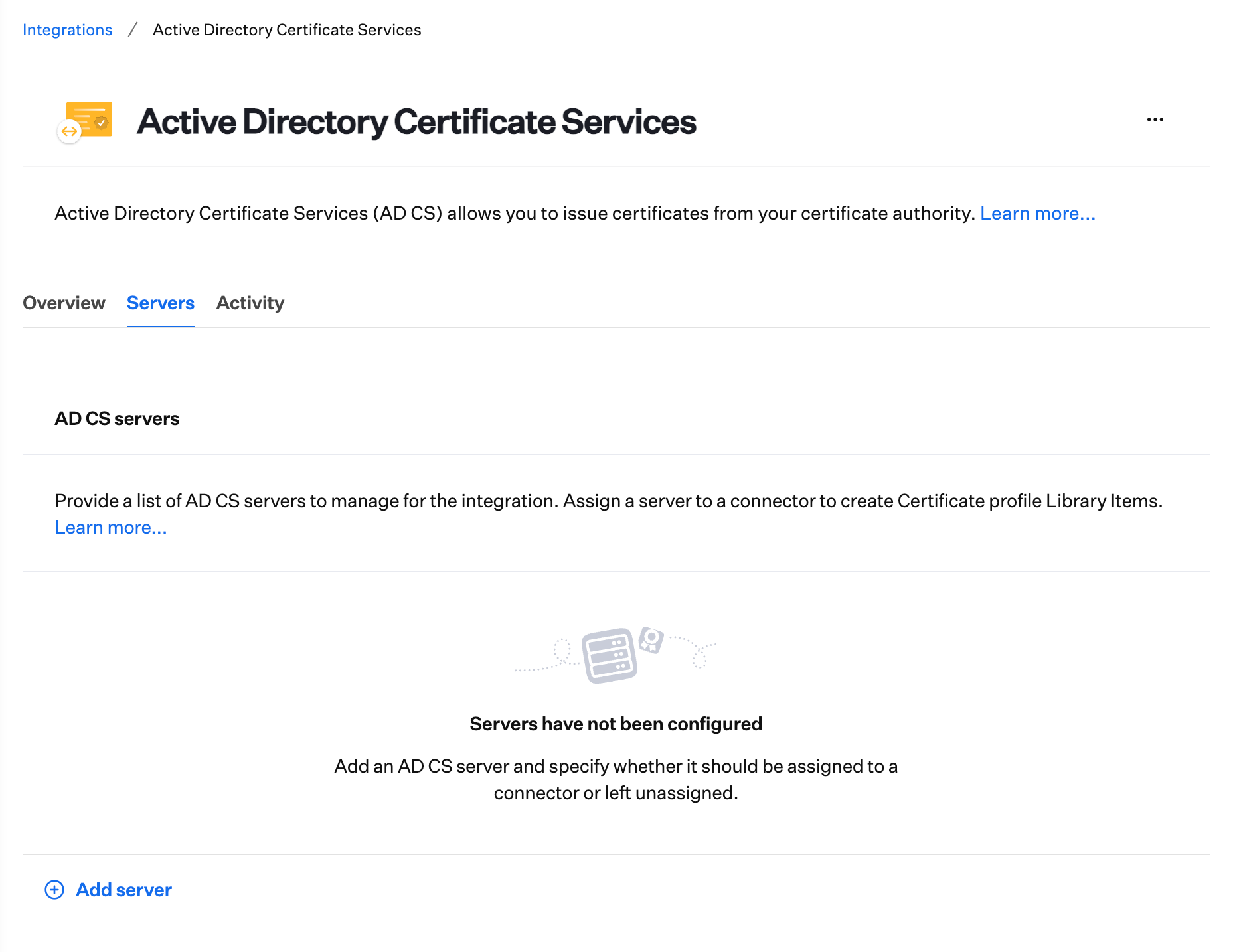 AD CS Servers tab empty state with Add server to add issuing CAs.