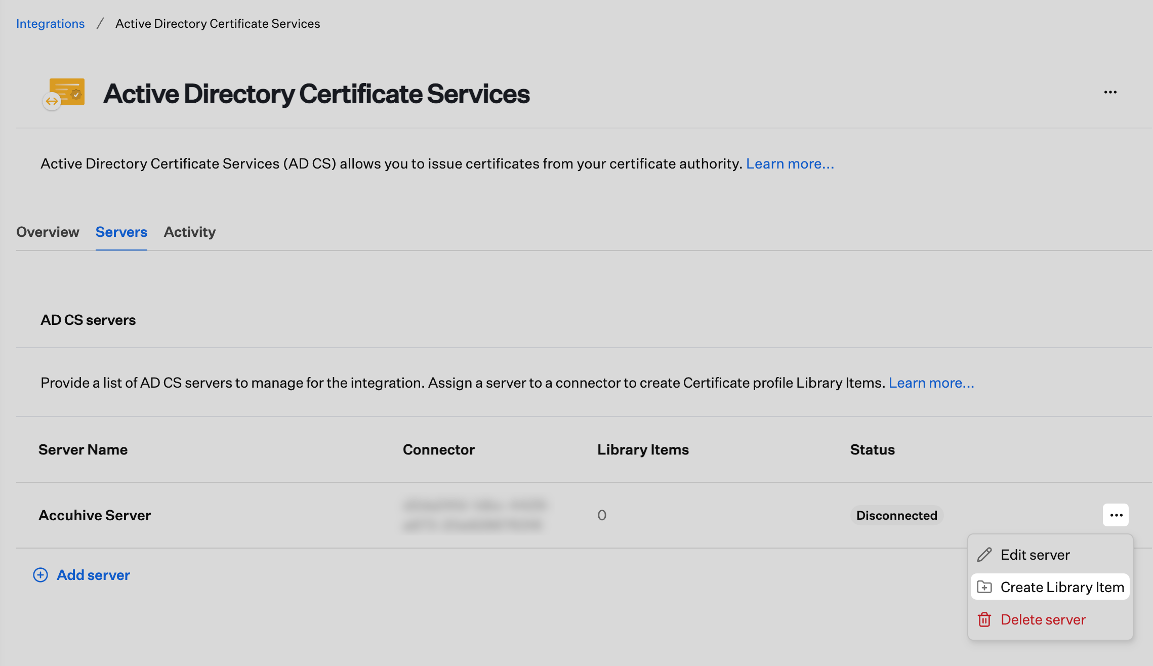 AD CS Servers row action menu with Create Library Item selected.