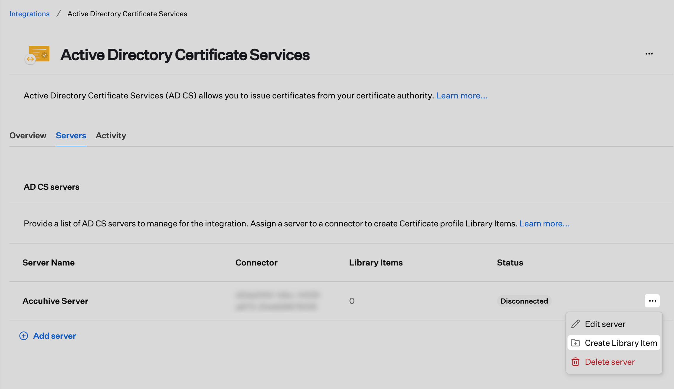 AD CS Servers row action menu with Create Library Item selected.