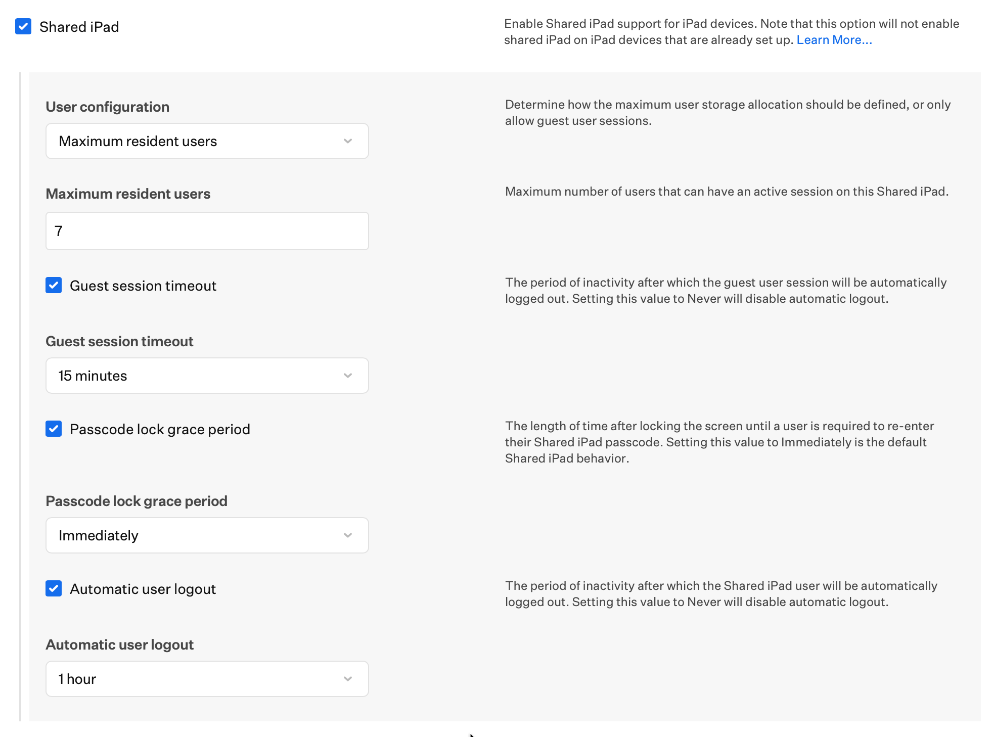 Automated Device Enrollment iPad Shared iPad options