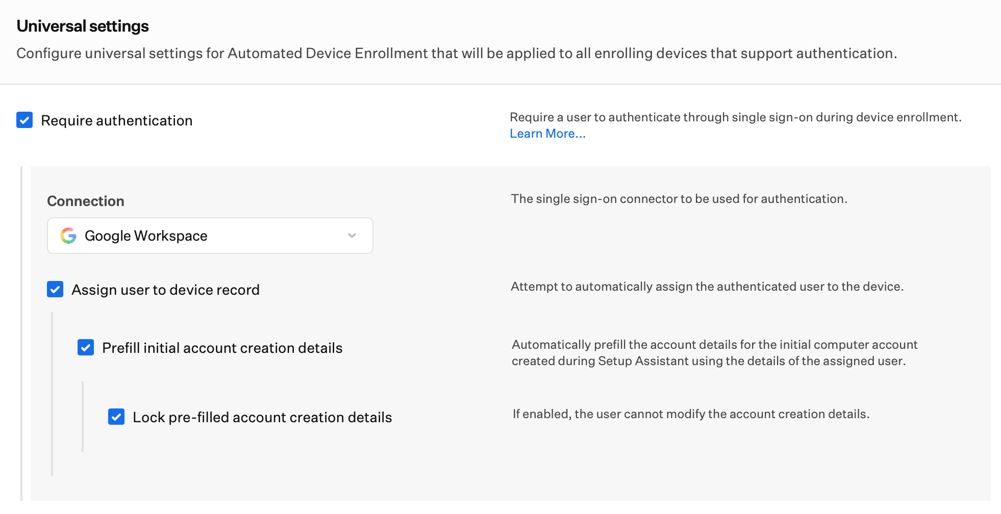 Automated Device Enrollment Require Authentication settings showing the Lock pre-filled account creation details option