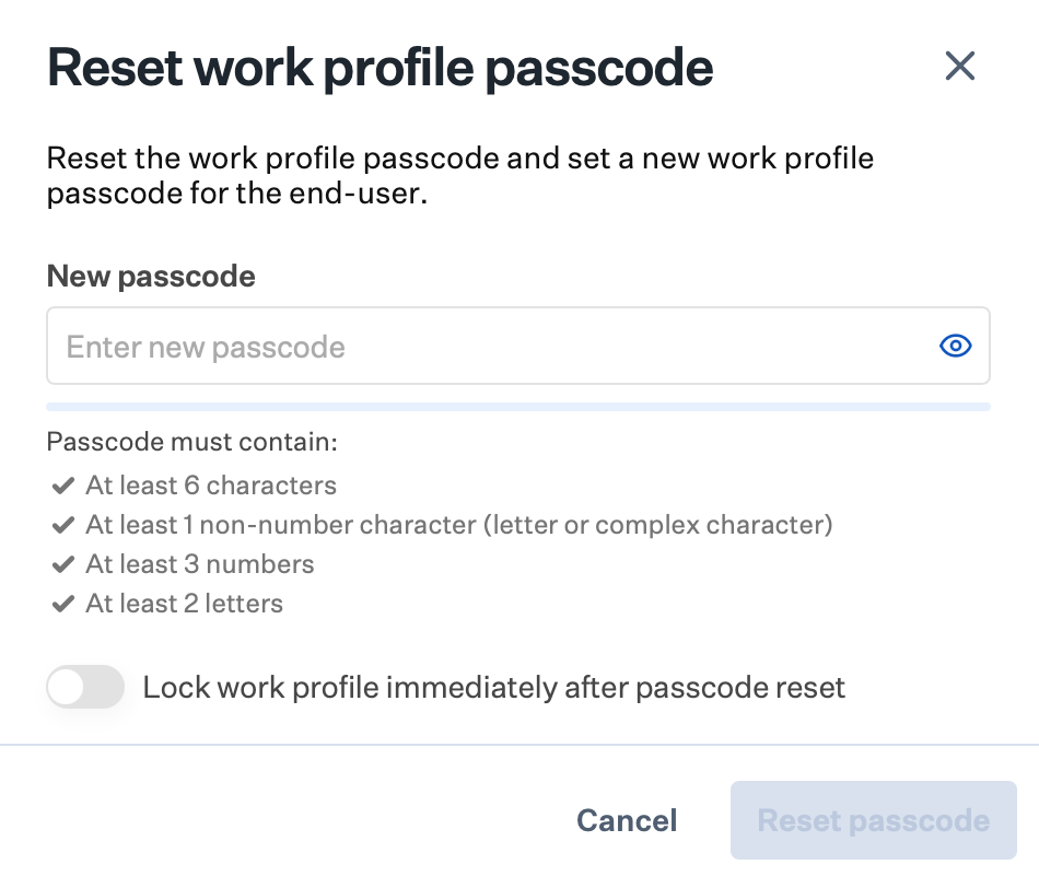 Passcode requirements from Library Item displayed in modal