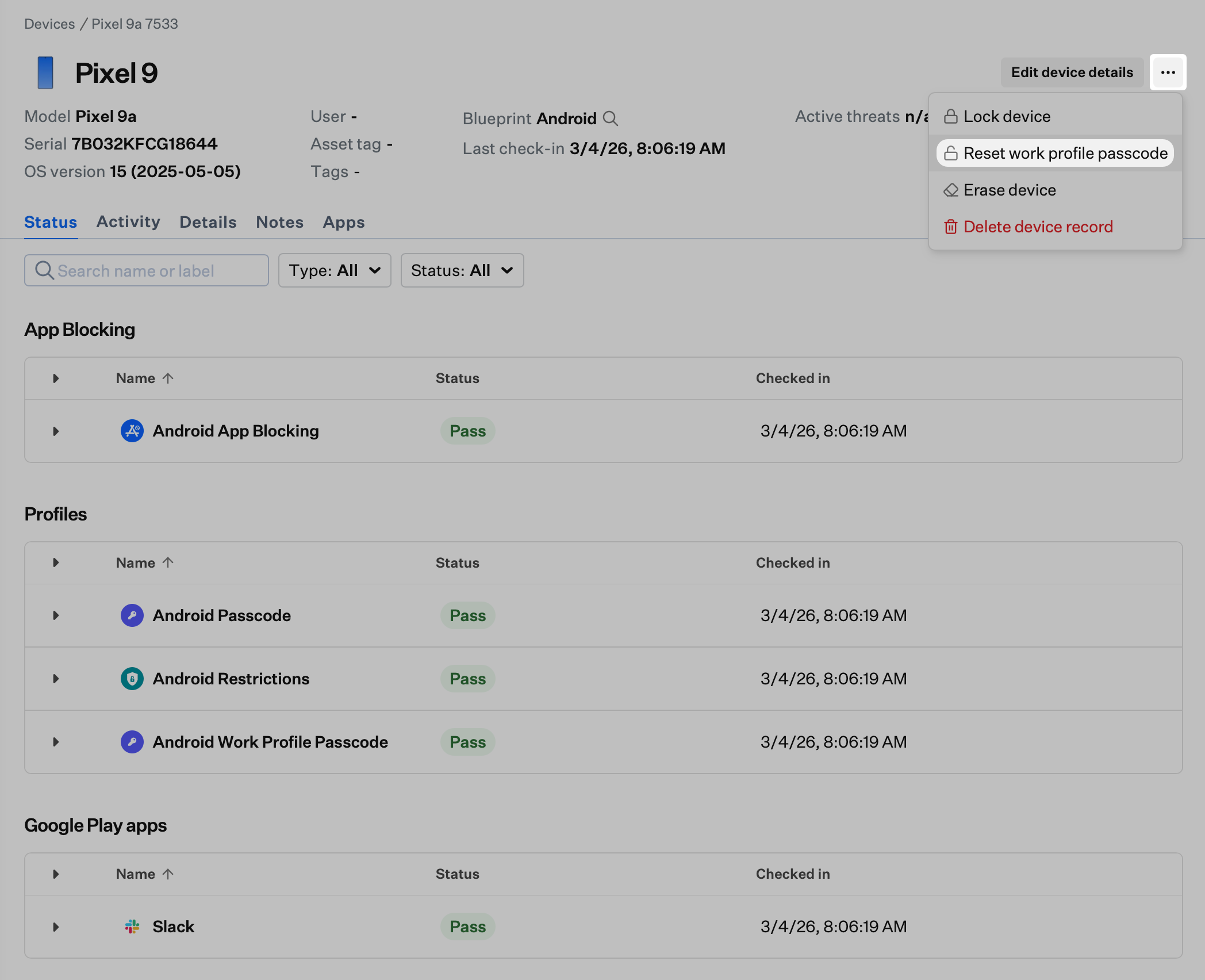 Device Action Menu with Reset work profile passcode option