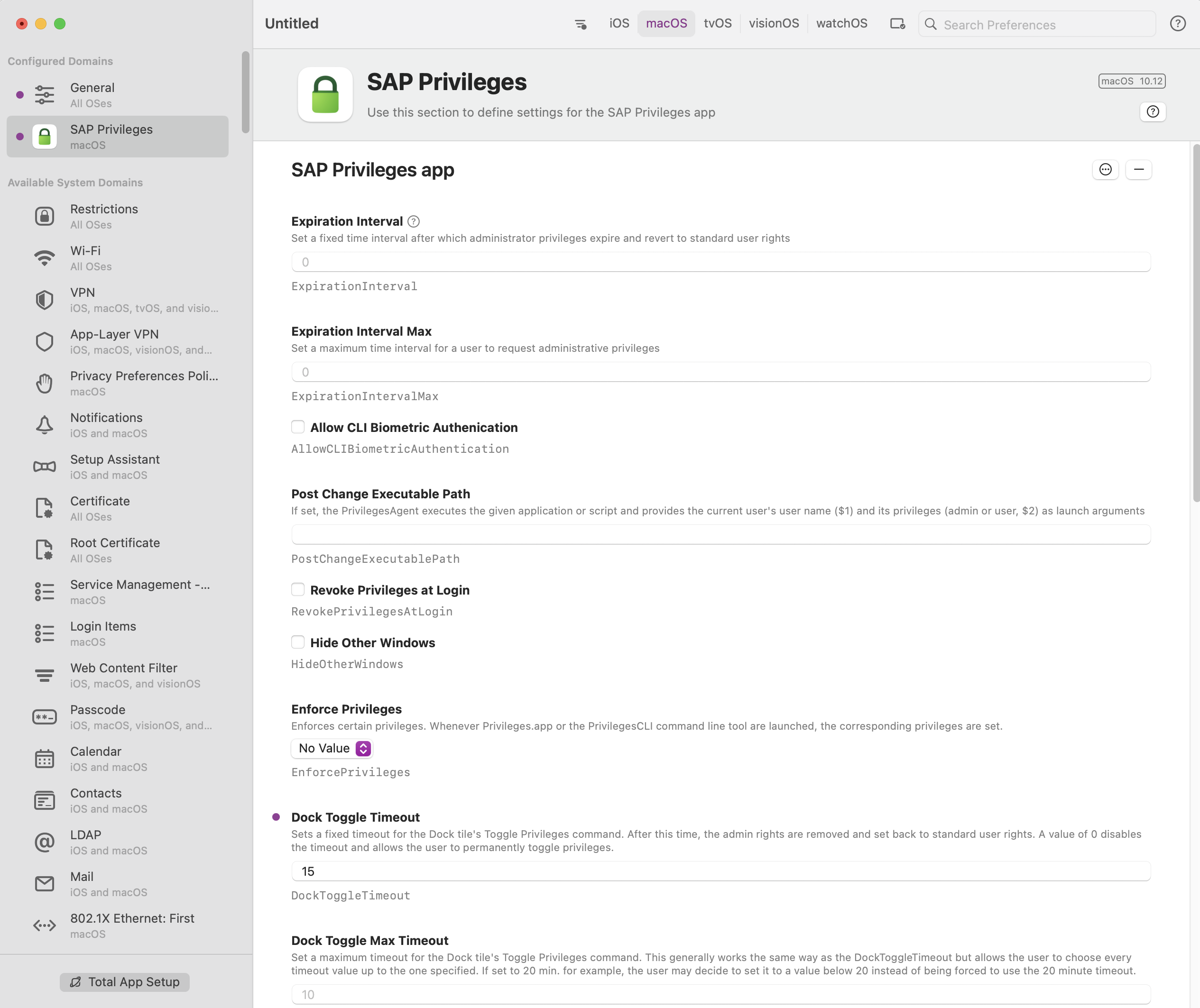 iMazing Profile Editor SAP Privileges Dock Toggle Timeout