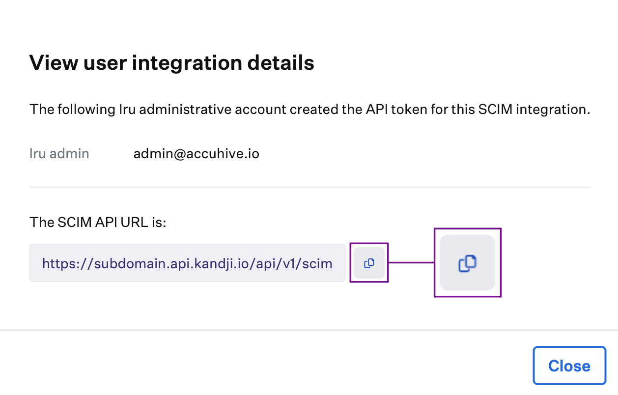 View user integration details modal with SCIM API URL and copy button