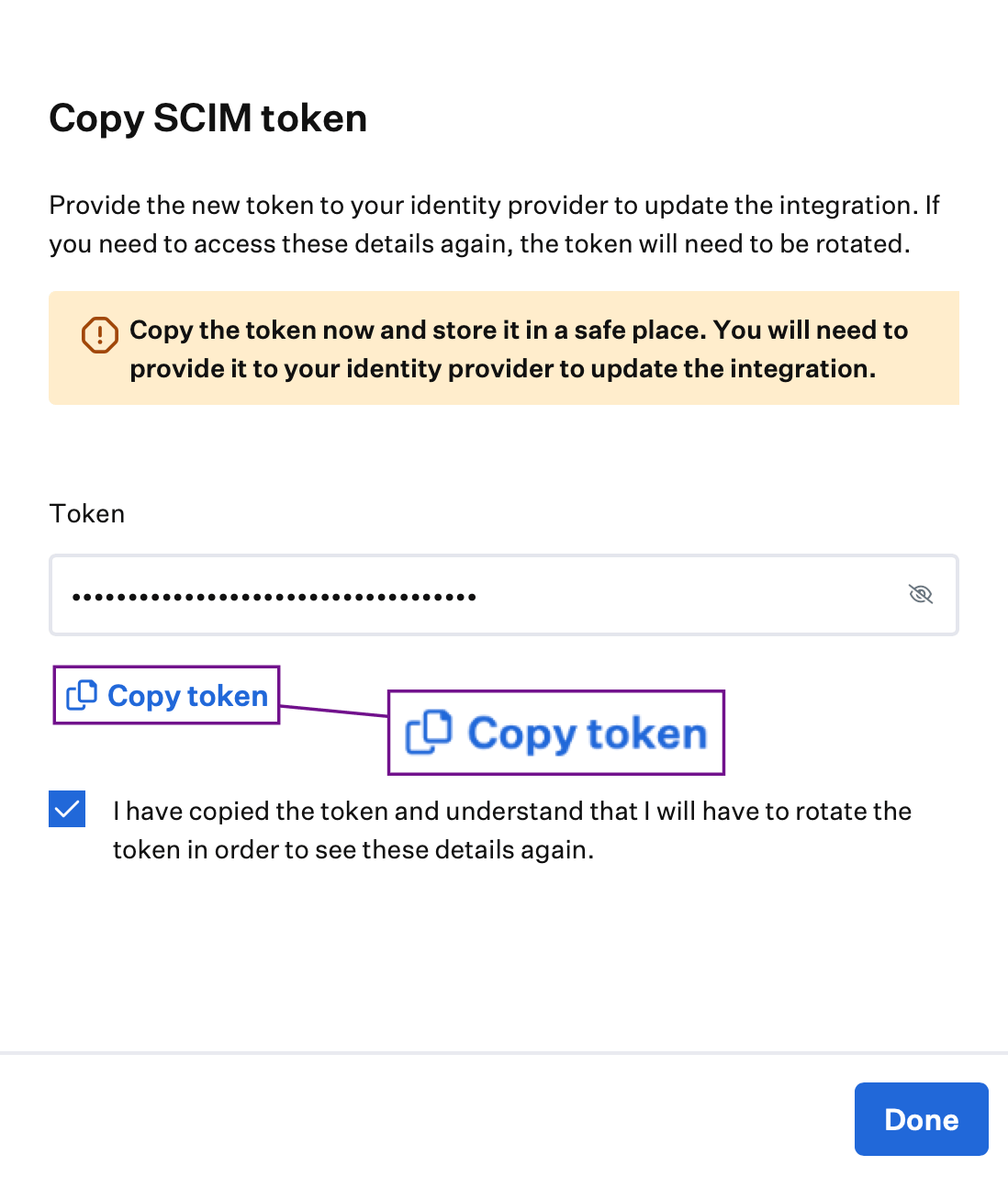 Copy the new SCIM token after rotation