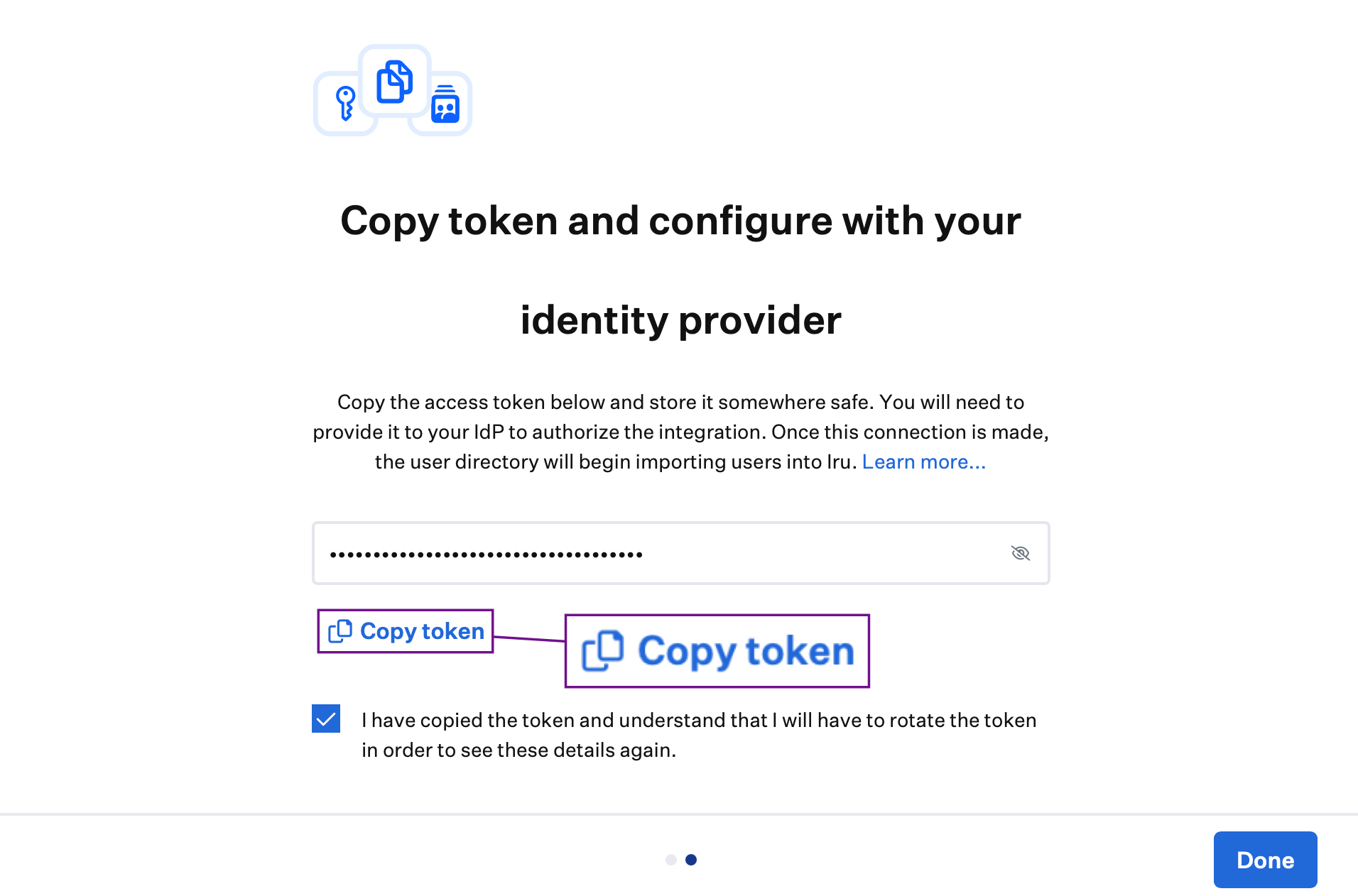 Copy token and configure with your identity provider dialog with Copy token button